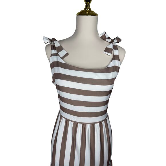 Brown White Striped Maxi Dress XL Tie Shoulder Tiered Summer Sundress - Picture 5 of 10